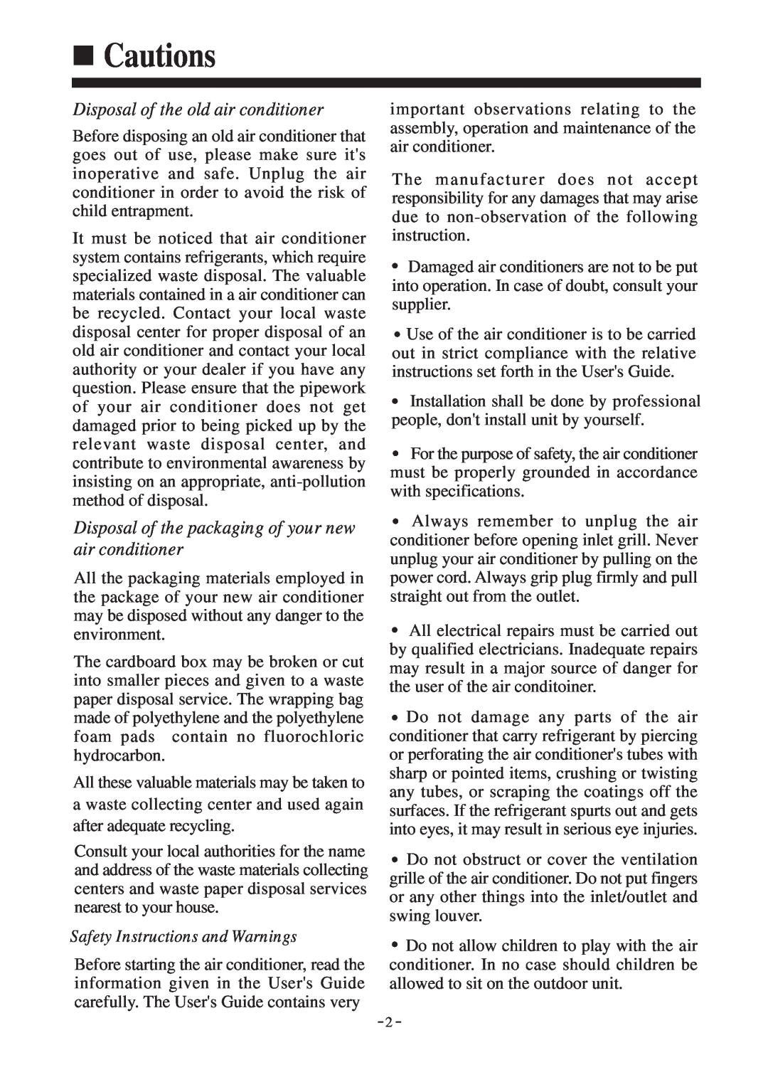 Haier AD242AMBEA, AD42NAMBEA, AD36NAMBEA Cautions, Disposal of the old air conditioner, Safety Instructions and Warnings 