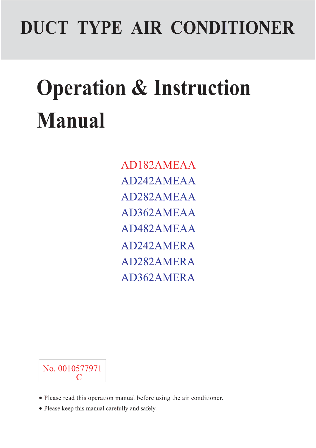 Haier AD362AMERA, AD482AMEAA instruction manual Duct Type AIR Conditioner, Please keep this manual carefully and safely 