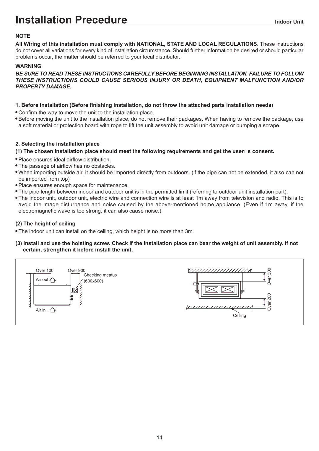 Haier AU84NATEAA, AD842AHEAA operation manual Installation Precedure, Height of ceiling 