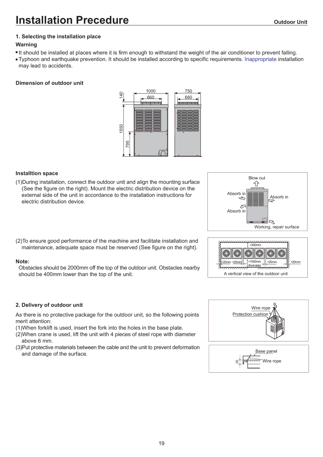 Haier AD842AHEAA Outdoor Unit Selecting the installation place Warning, Dimension of outdoor unit, Installtion space 