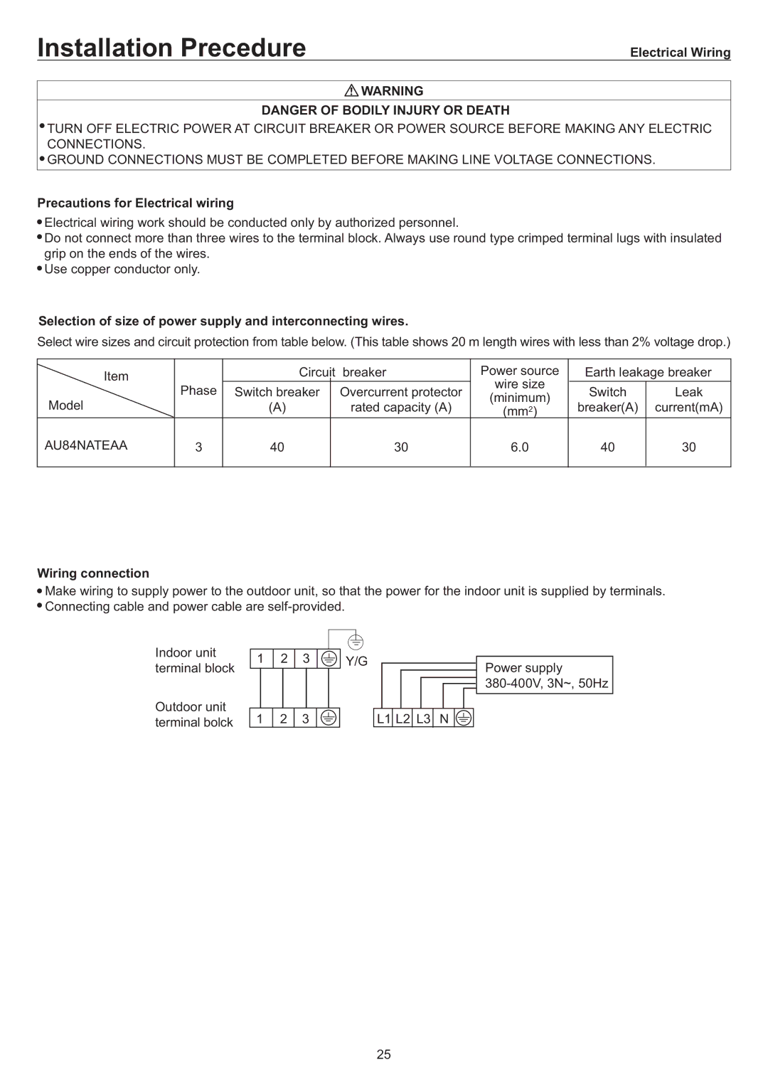 Haier AD842AHEAA, AU84NATEAA operation manual Electrical Wiring, Precautions for Electrical wiring, Wiring connection 