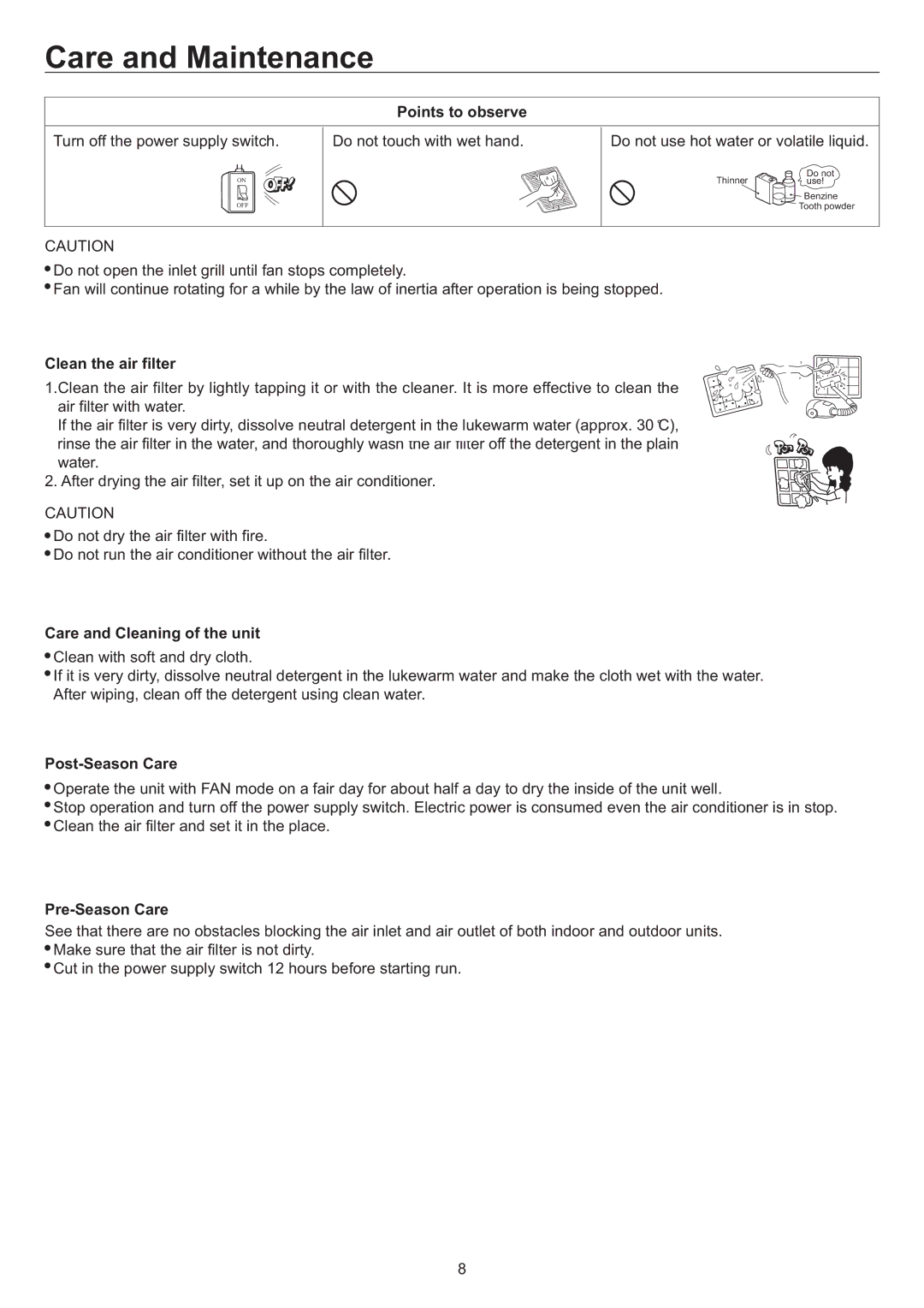 Haier AU84NATEAA, AD842AHEAA operation manual Care and Maintenance 