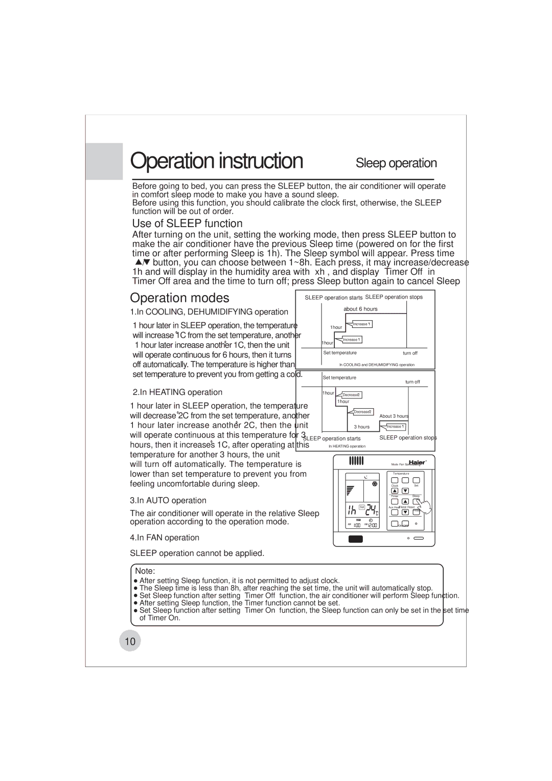 Haier AE122BCAAA (H2EM-18H03) manual Operation instruction, Use of Sleep function, COOLING, Dehumidifying operation 