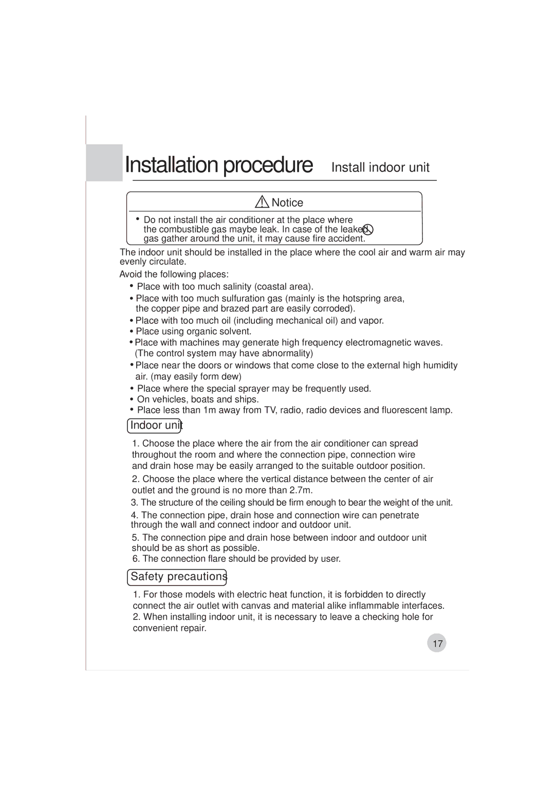 Haier AE122BCAAA (H2EM-18H03) manual Installation procedure Install indoor unit, Indoor unit, Safety precautions 