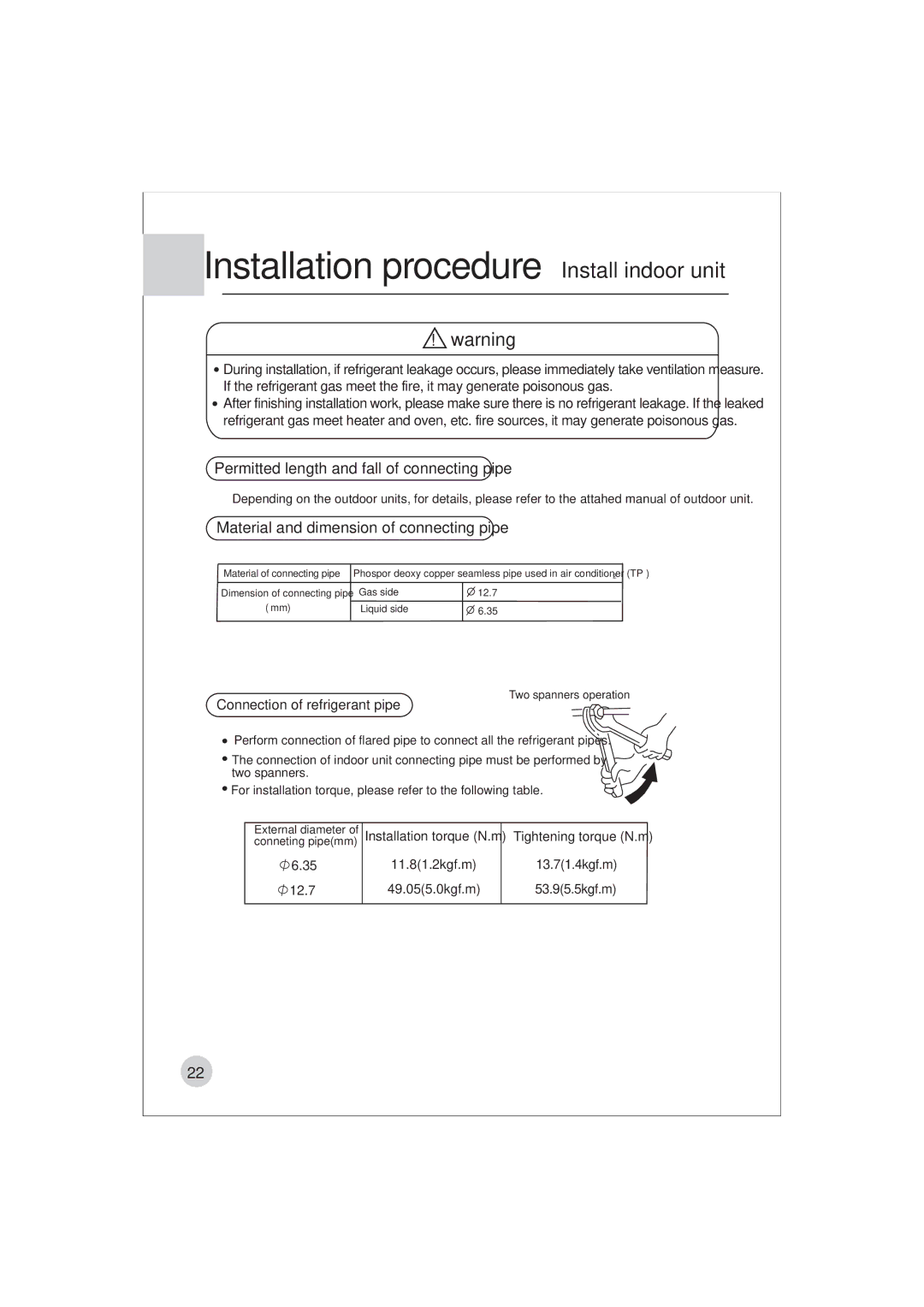 Haier AE122BCAAA (H2EM-18H03) Permitted length and fall of connecting pipe, Material and dimension of connecting pipe 