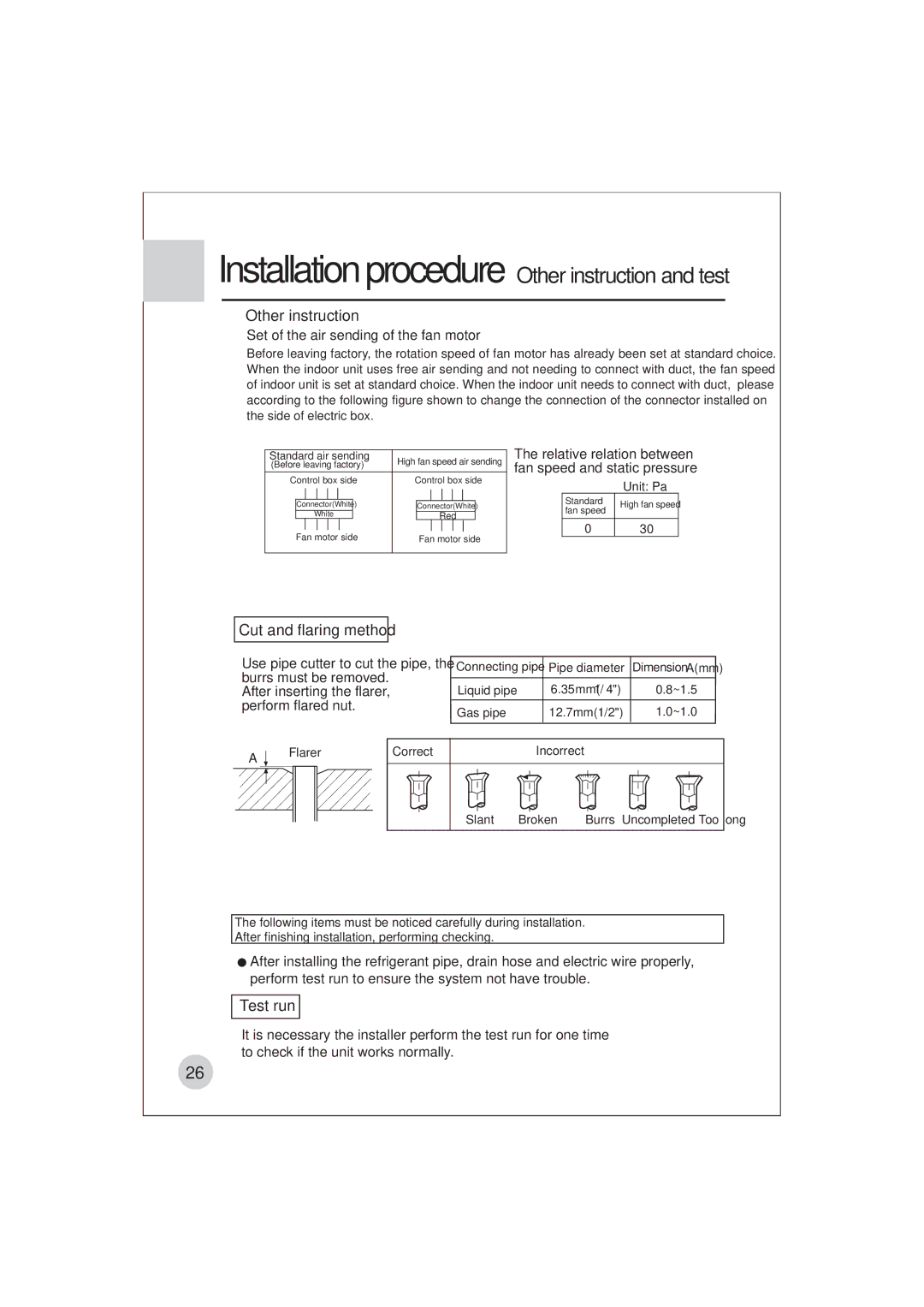 Haier AE122BCAAA (H2EM-18H03) Other instruction, Cut and flaring method, Test run, Set of the air sending of the fan motor 