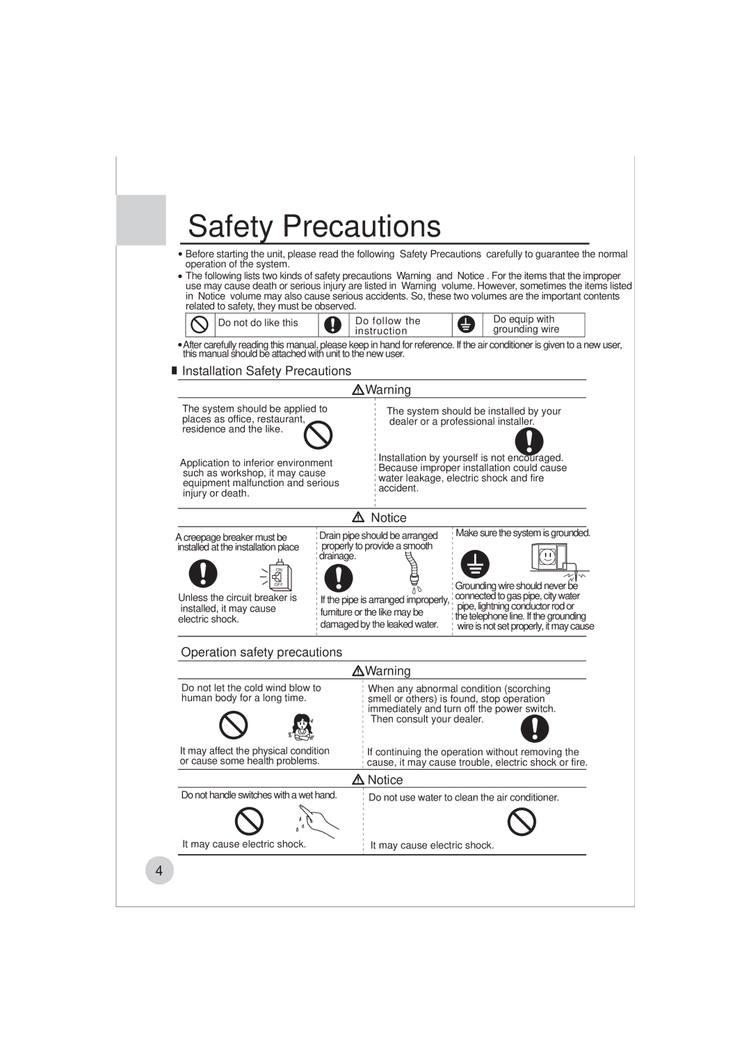 Haier AE122BCAAA (H2EM-18H03) manual Installation Safety Precautions, Operation safety precautions 