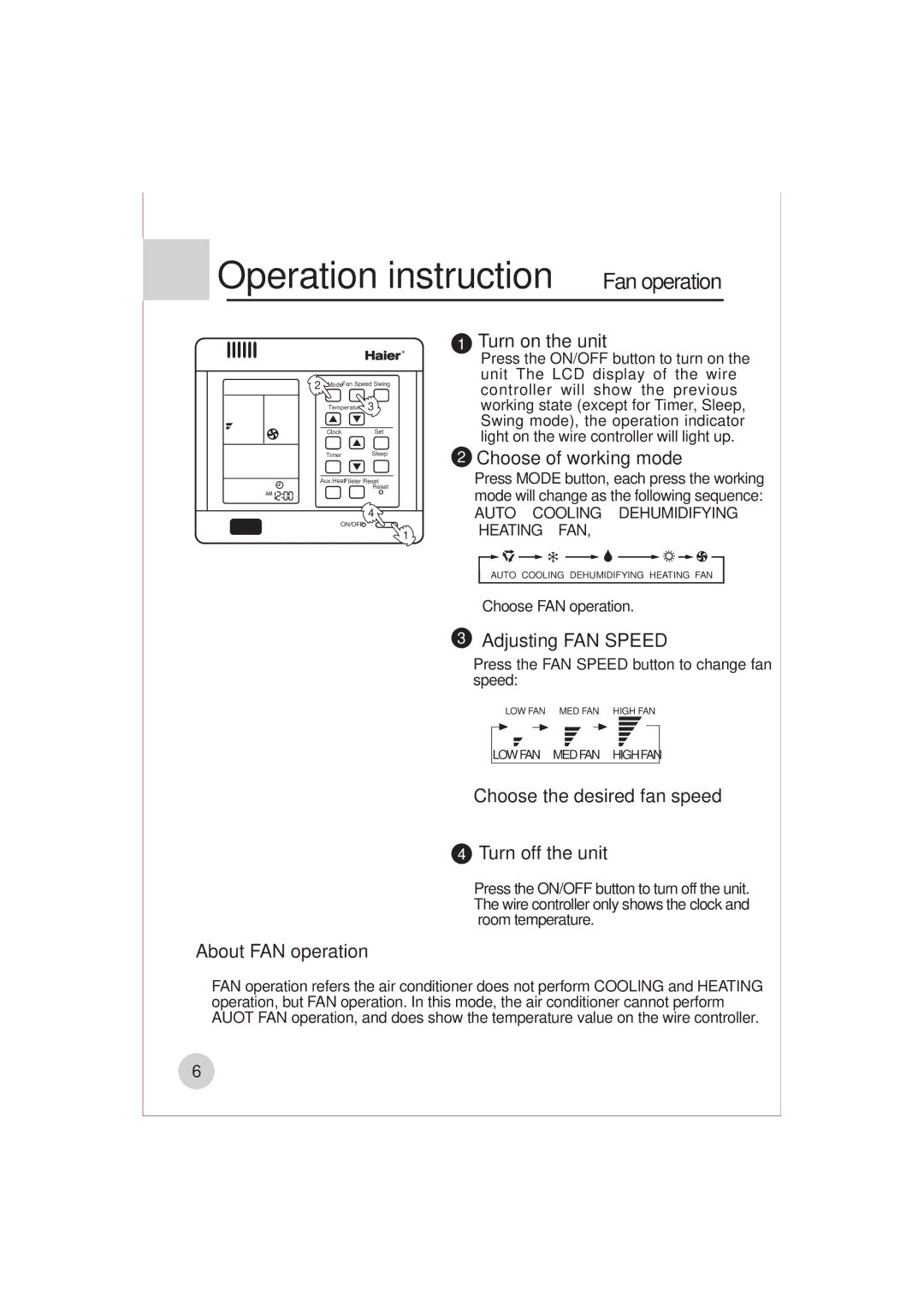 Haier AE122BCAAA (H2EM-18H03) manual Operation instruction Fan operation 