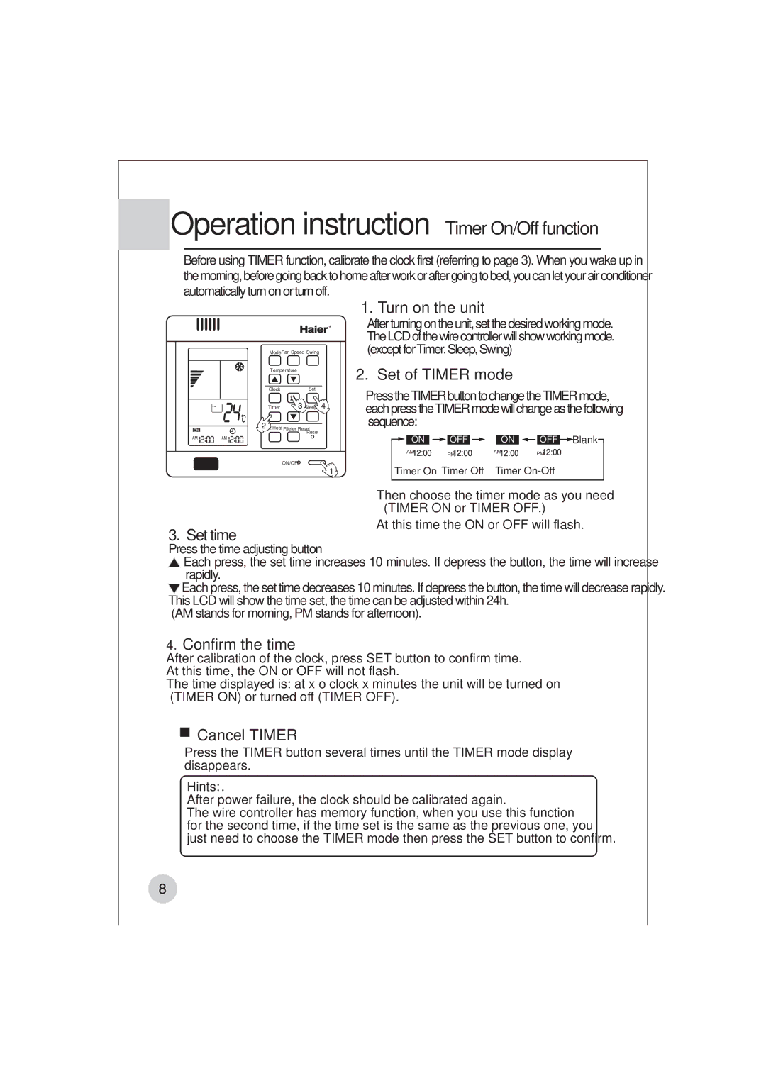 Haier AE122BCAAA (H2EM-18H03) Operation instruction Timer On/Off function, Set of Timer mode, Set time, Confirm the time 