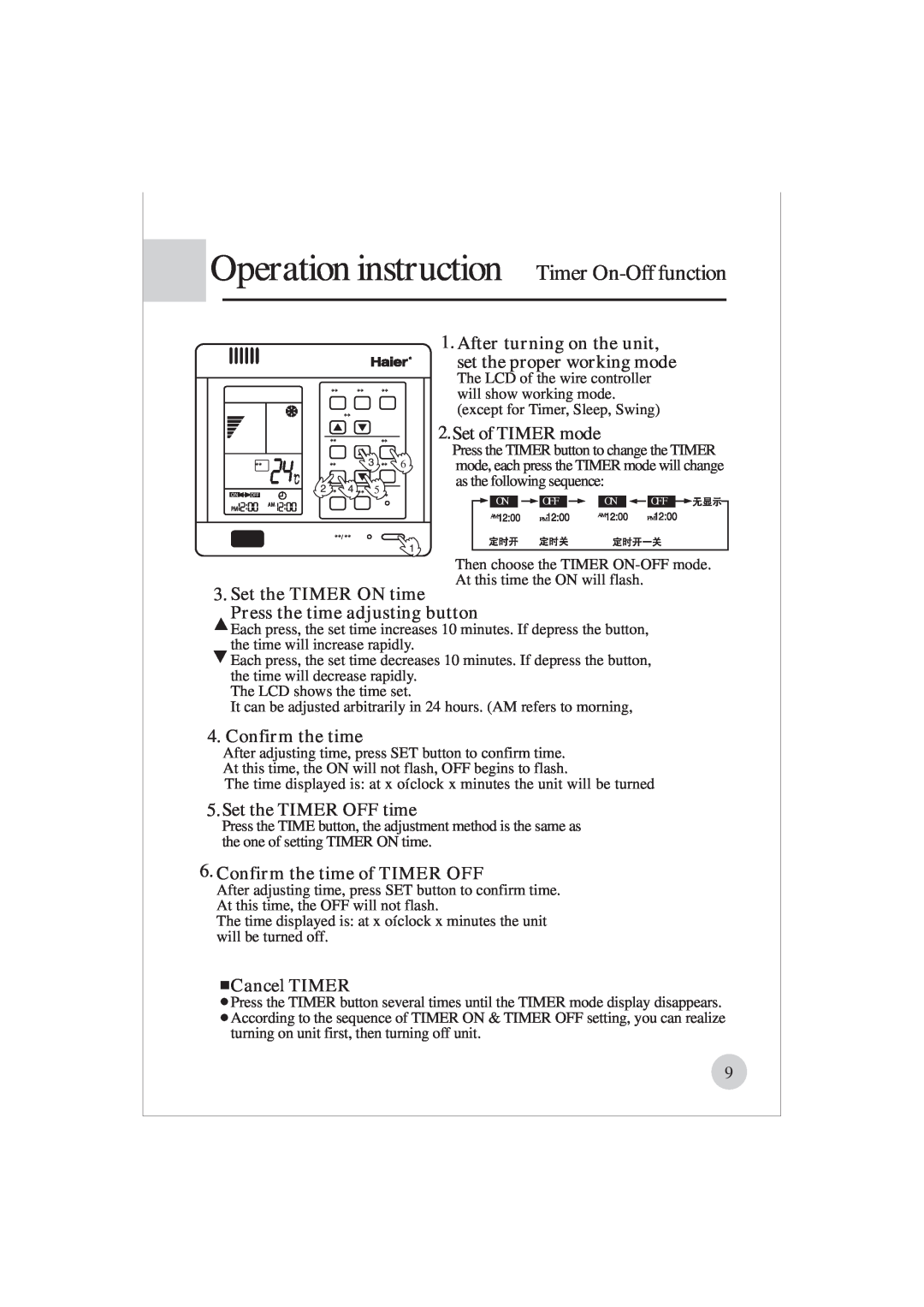 Haier AE122BCAAA (H2EM-18H03) Operation instruction Timer On-Offfunction, After turning on the unit, Set of TIMER mode 
