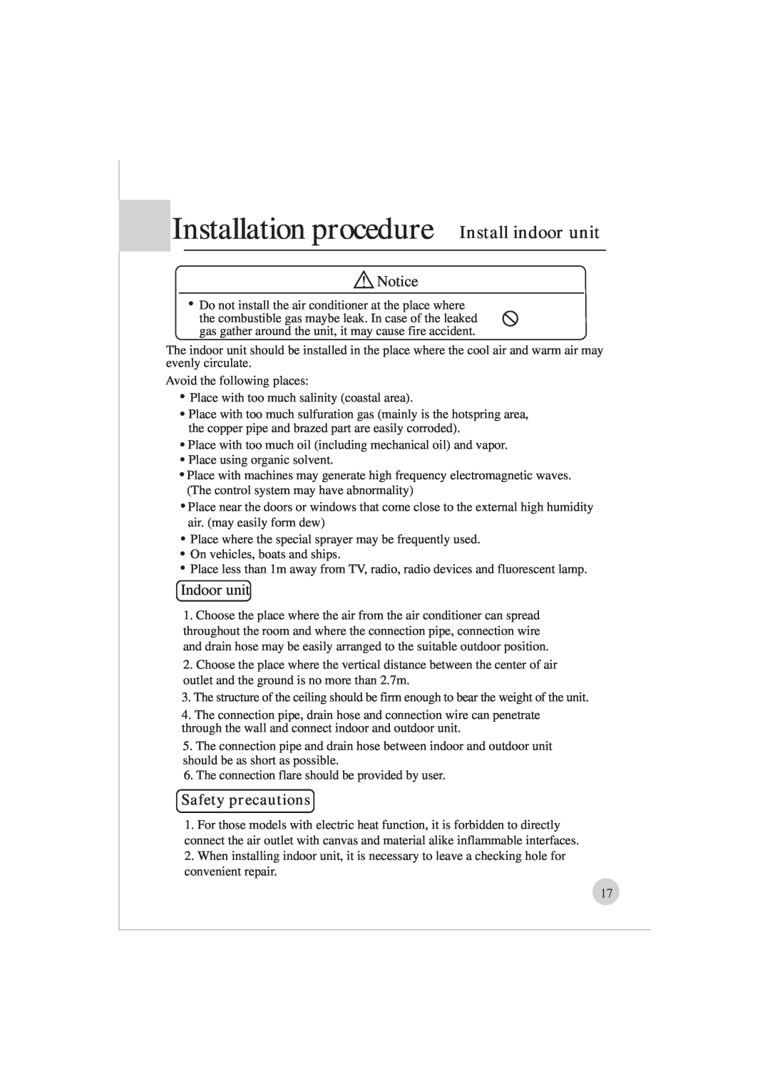 Haier AE122BCAAA (H2EM-18H03) manual Installation procedure Install indoor unit, Indoor unit, Safety precautions 