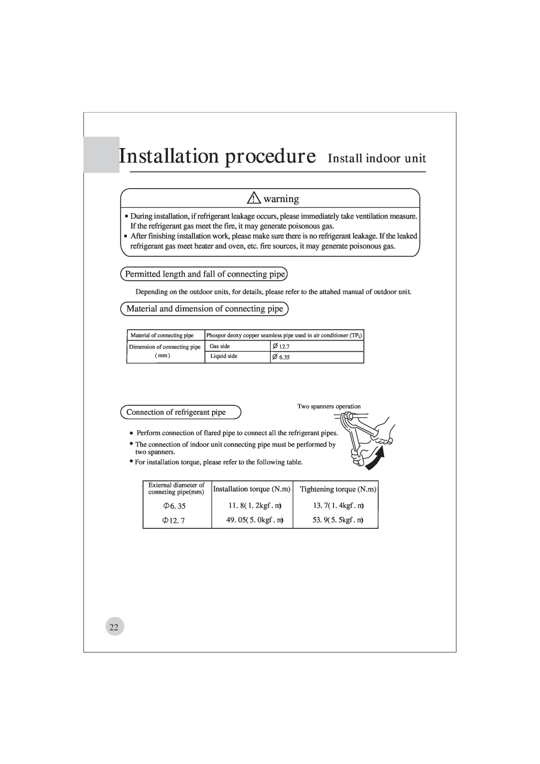 Haier AE122BCAAA (H2EM-18H03) Installation procedure Install indoor unit, Permitted length and fall of connecting pipe 