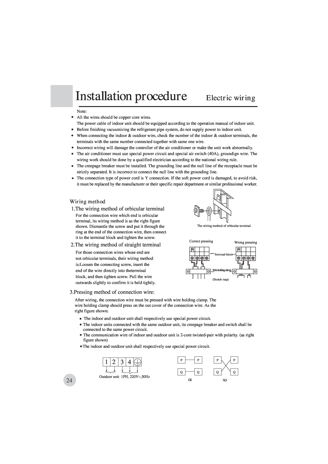 Haier AE122BCAAA (H2EM-18H03) manual Installation procedure, Electric wiring 