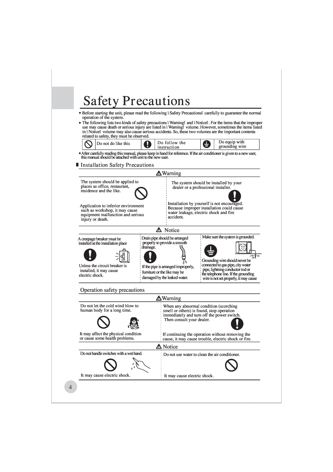 Haier AE122BCAAA (H2EM-18H03) manual Installation Safety Precautions, Operation safety precautions 