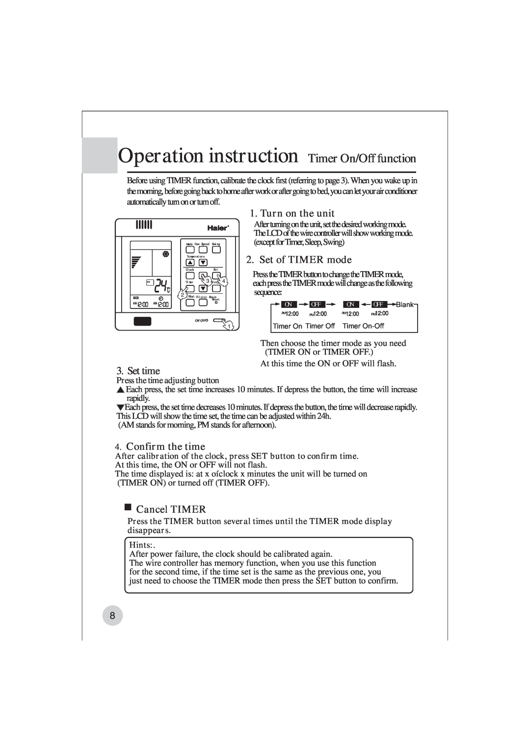 Haier AE122BCAAA (H2EM-18H03) Operation instruction Timer On/Off function, Turn on the unit, Set of TIMER mode, Set time 