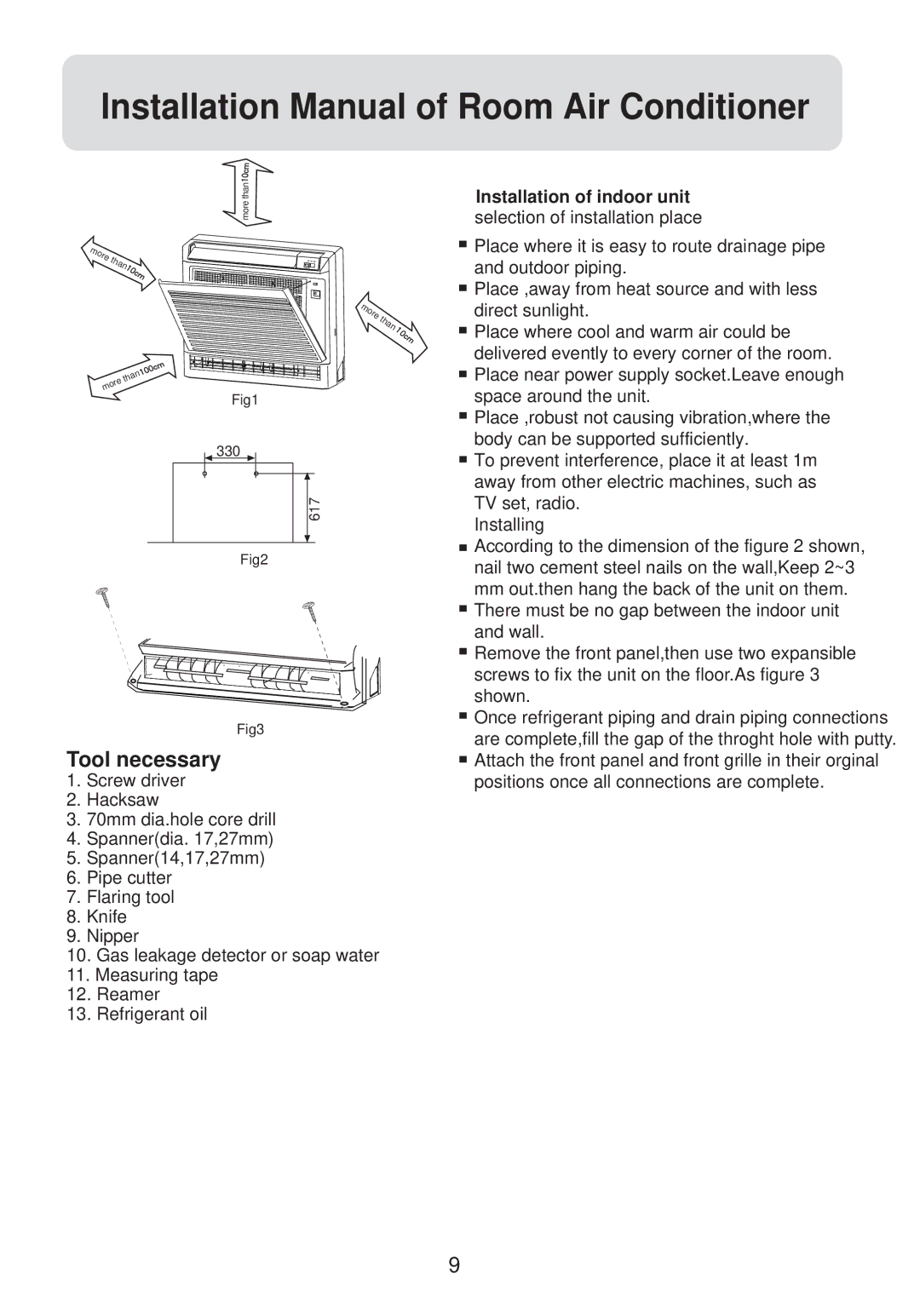 Haier AF122XCEAA, AF142XCEAA, AF072XCEAA, AF092XCEAA installation manual Installation Manual of Room Air Conditioner 