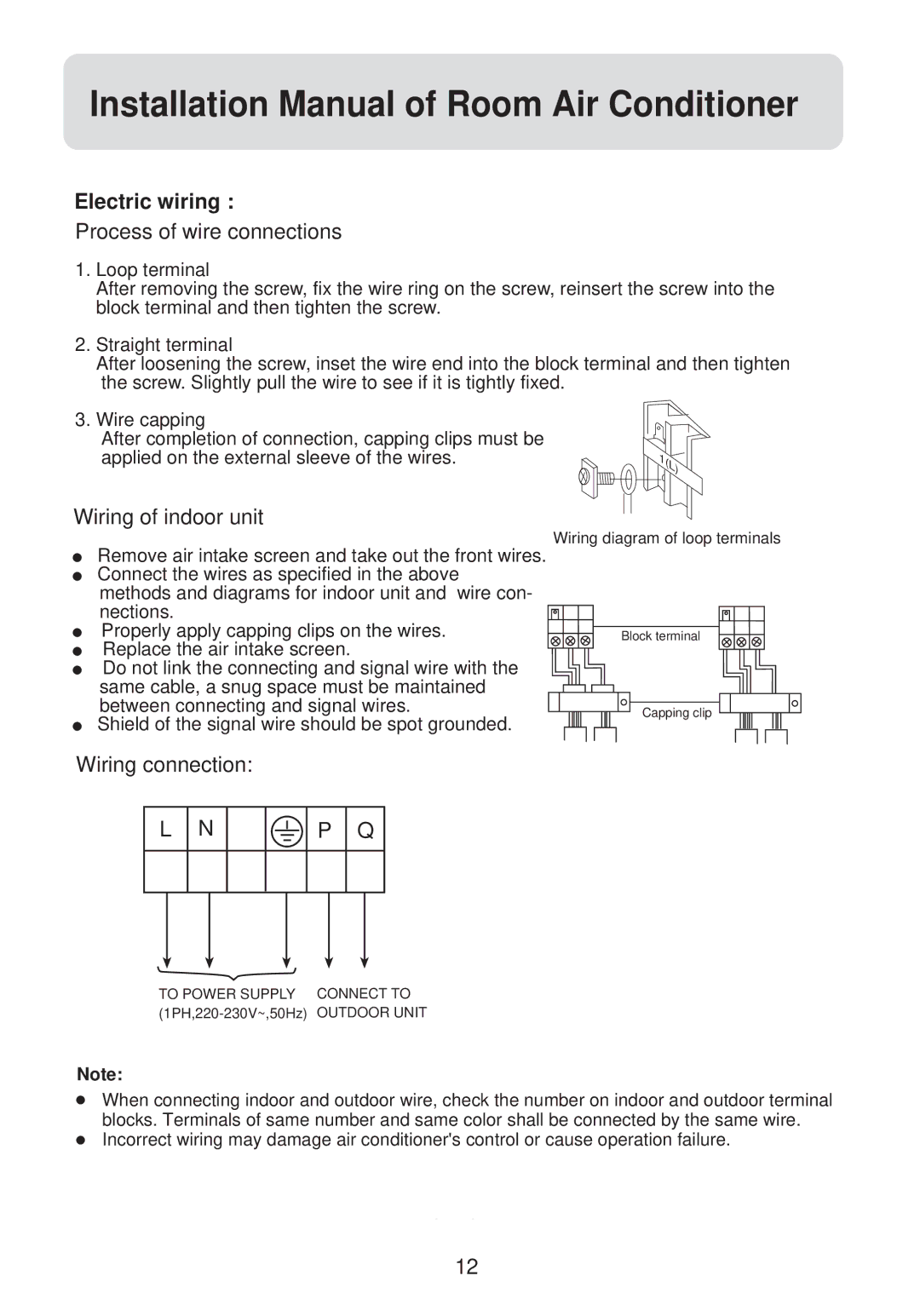 Haier AF092XCEAA, AF142XCEAA, AF072XCEAA, AF122XCEAA installation manual Electric wiring 