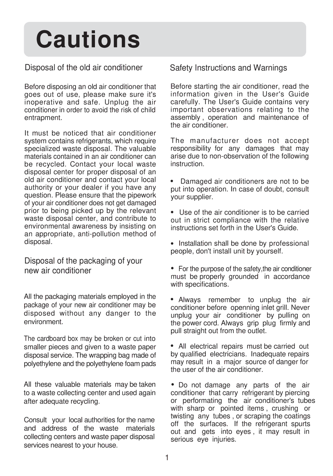 Haier AF122XCEAA, AF142XCEAA, AF072XCEAA, AF092XCEAA installation manual Disposal of the packaging of your new air conditioner 