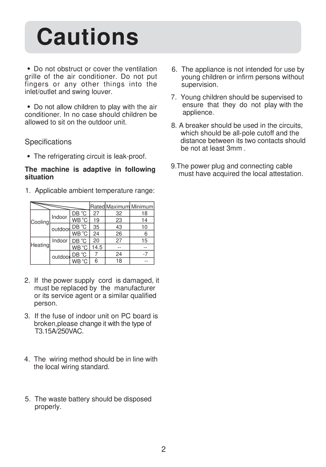 Haier AF142XCEAA, AF072XCEAA, AF092XCEAA, AF122XCEAA installation manual Specifications 