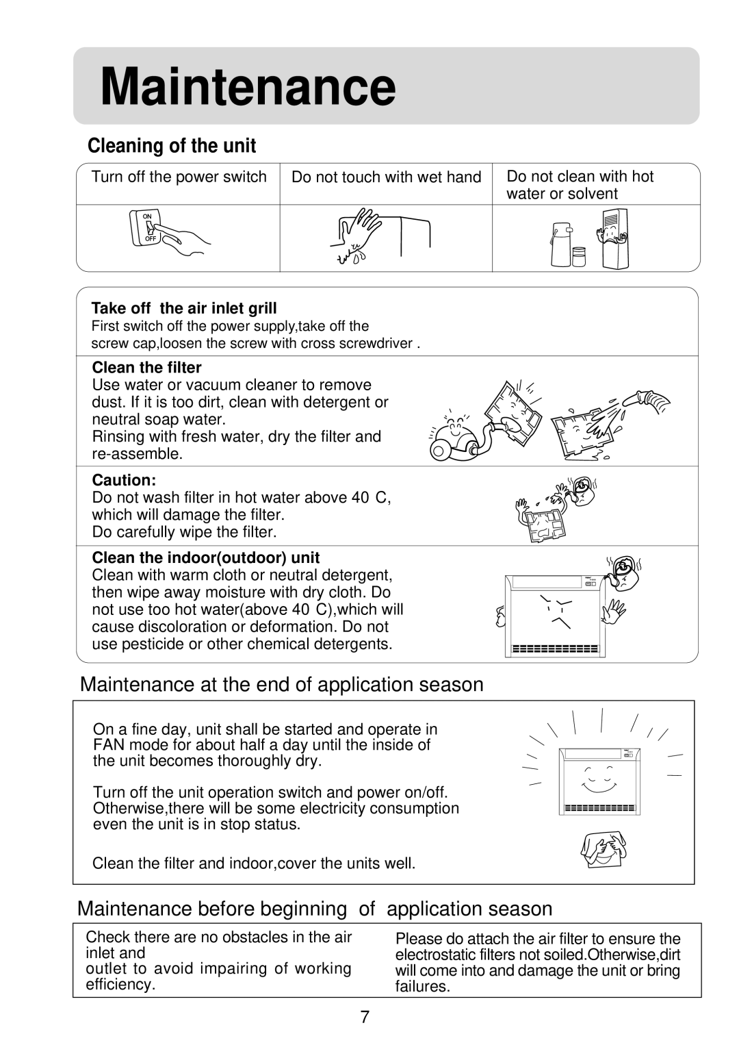 Haier AF072XCEAA, AF142XCEAA, AF092XCEAA, AF122XCEAA installation manual Maintenance 