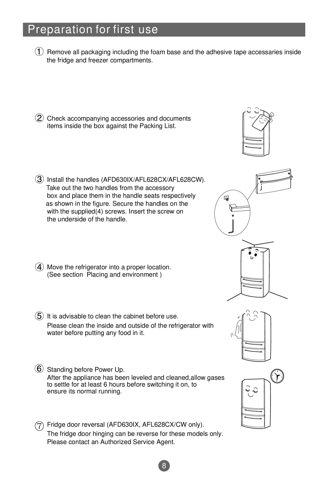 Haier AFD630IX, CFL629CW, CFL629CX, AFL628CW, AFL628CX manual Preparation for first use 