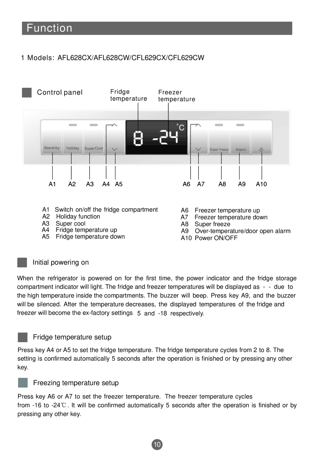 Haier Function, Models AFL628CX/AFL628CW/CFL629CX/CFL629CW Control panel, Initial powering on, Fridge temperature setup 