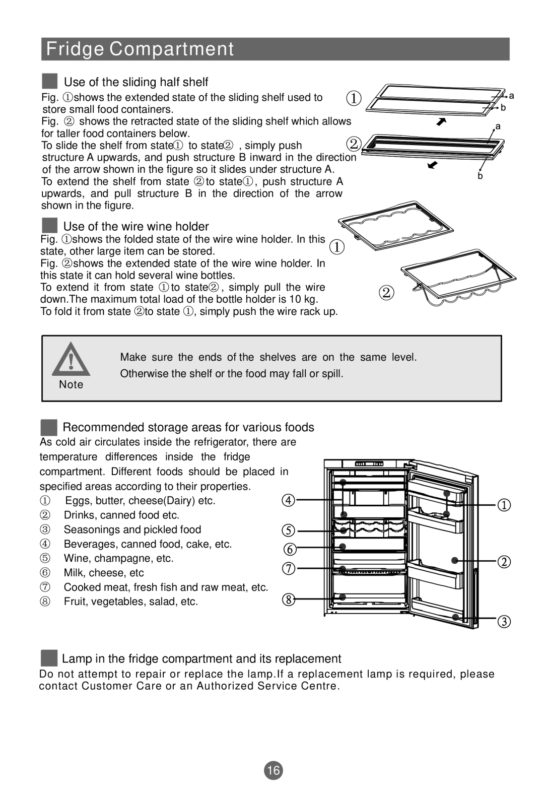 Haier AFL628CW Use of the sliding half shelf, Use of the wire wine holder, Recommended storage areas for various foods 