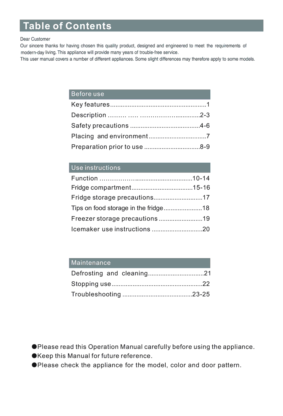 Haier CFL629CX, AFD630IX, CFL629CW, AFL628CW, AFL628CX manual Table of Contents 