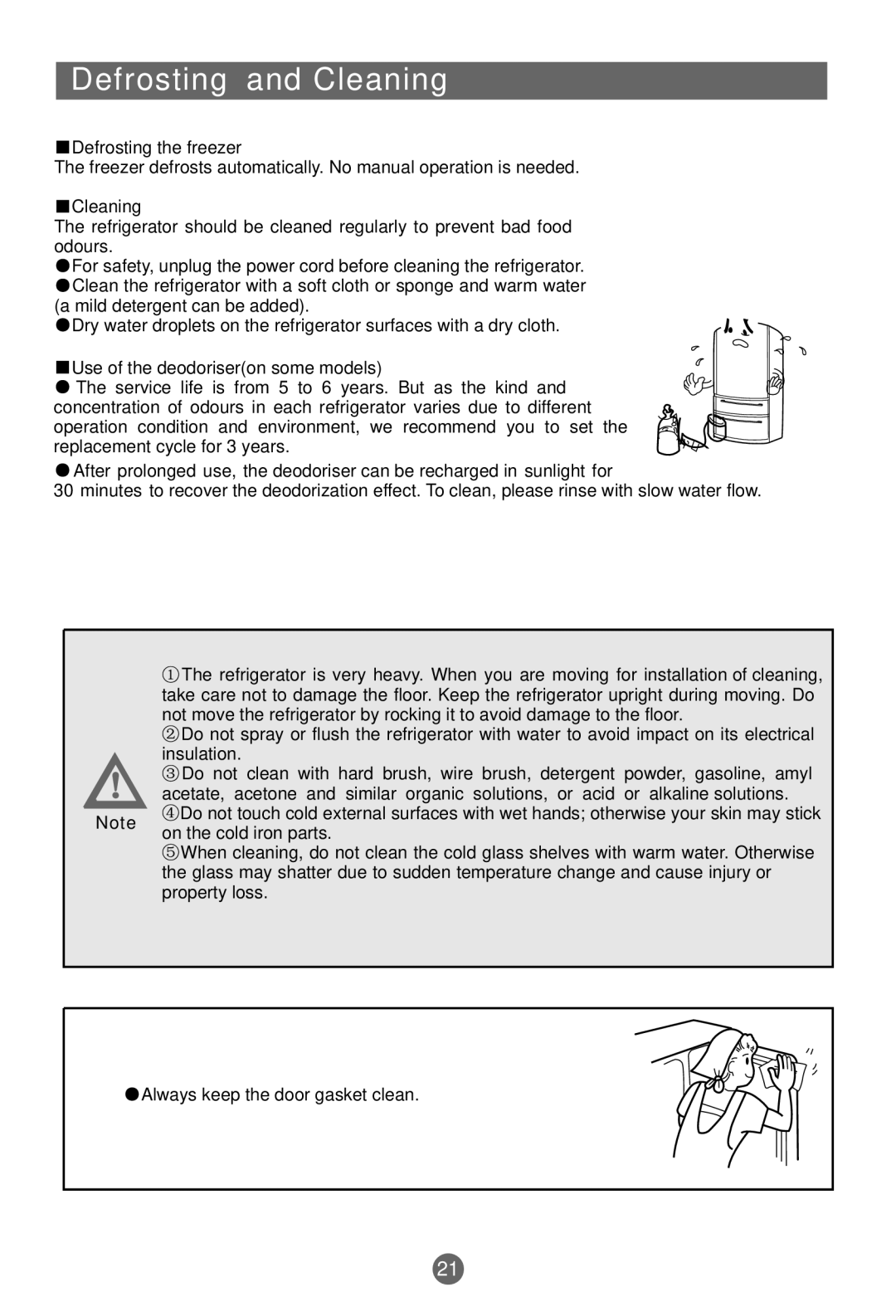 Haier AFL628CW, AFD630IX, CFL629CW, CFL629CX, AFL628CX manual Defrosting and Cleaning 