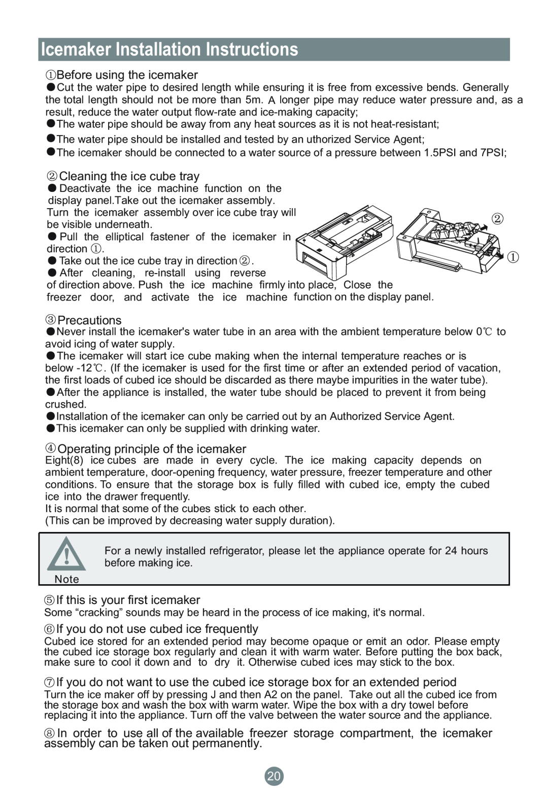 Haier CFL629CX Icemaker Installation Instructions, Before using the icemaker, Cleaning the ice cube tray, Precautions 