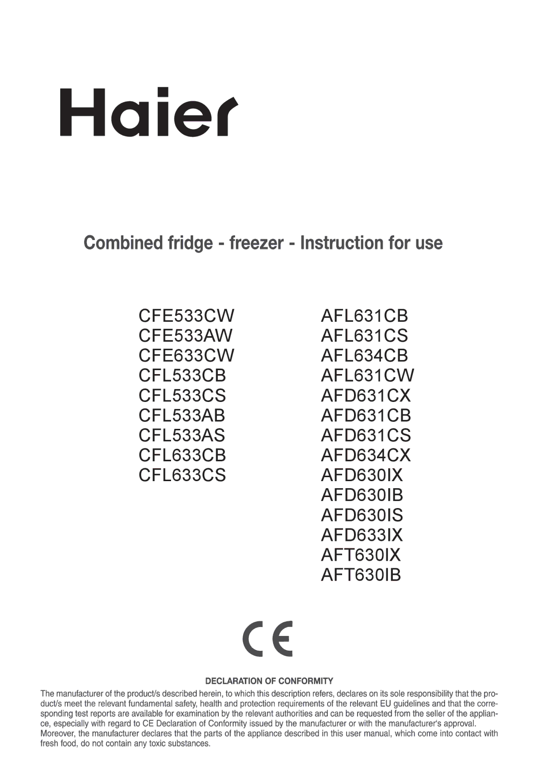 Haier AFD633IX, AFD634CX, AFL631CW, AFL634CB, CFE533CW, AFD630IS, AFT630IB, AFD630IB manual 