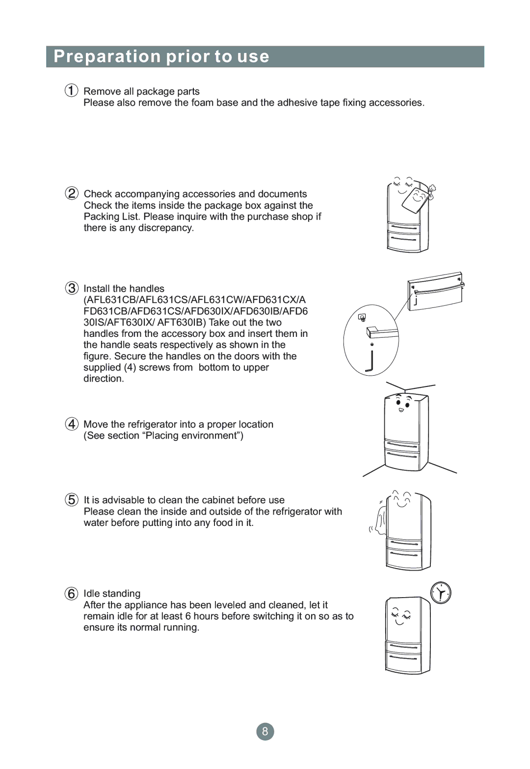 Haier AFL631CW, AFD634CX, AFD633IX, AFL634CB, CFE533CW, AFD630IS, AFT630IB, AFD630IB manual Preparation prior to use 