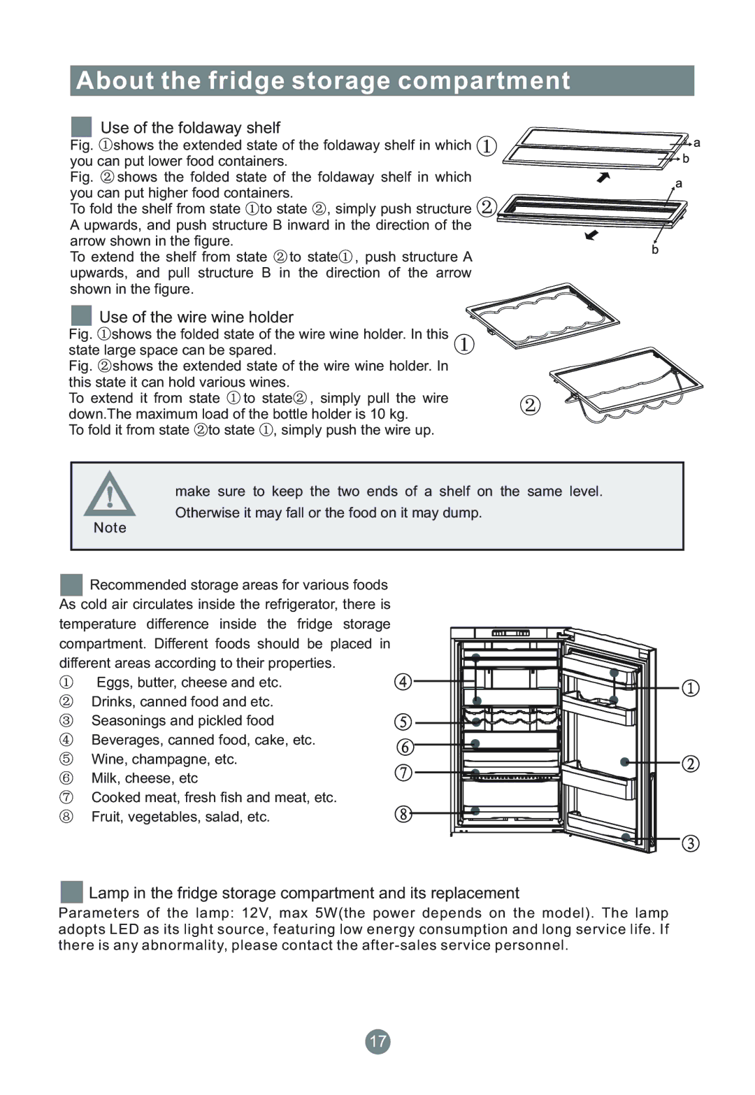 Haier AFL634CB, AFD634CX, AFD633IX, AFL631CW, CFE533CW, AFD630IS manual Use of the foldaway shelf, Use of the wire wine holder 