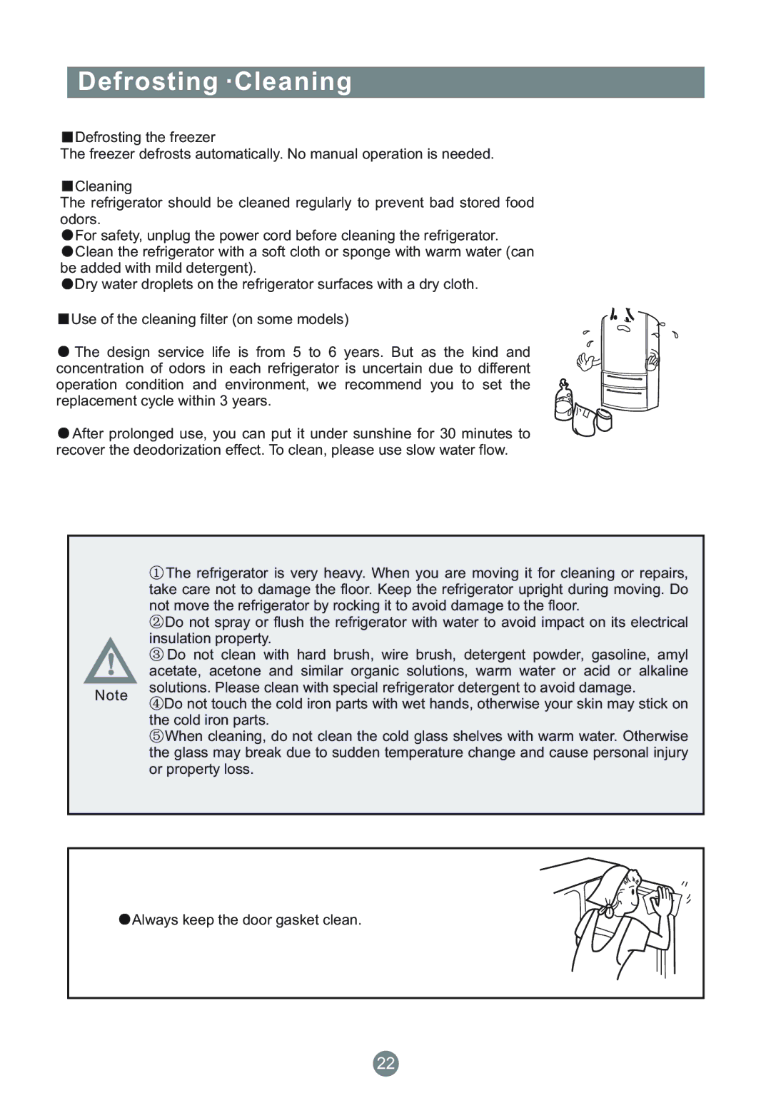 Haier AFD634CX, AFD633IX, AFL631CW, AFL634CB, CFE533CW, AFD630IS, AFT630IB, AFD630IB manual Defrosting ·Cleaning 