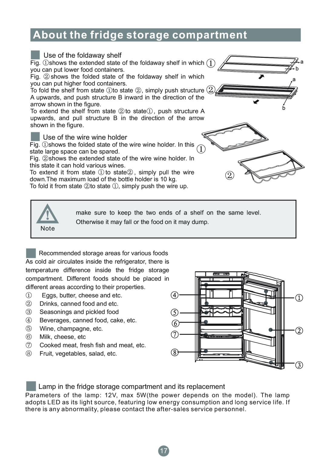 Haier AFL634CB, AFD634CX manual Use of the foldaway shelf, Use of the wire wine holder, About the fridge storage compartment 