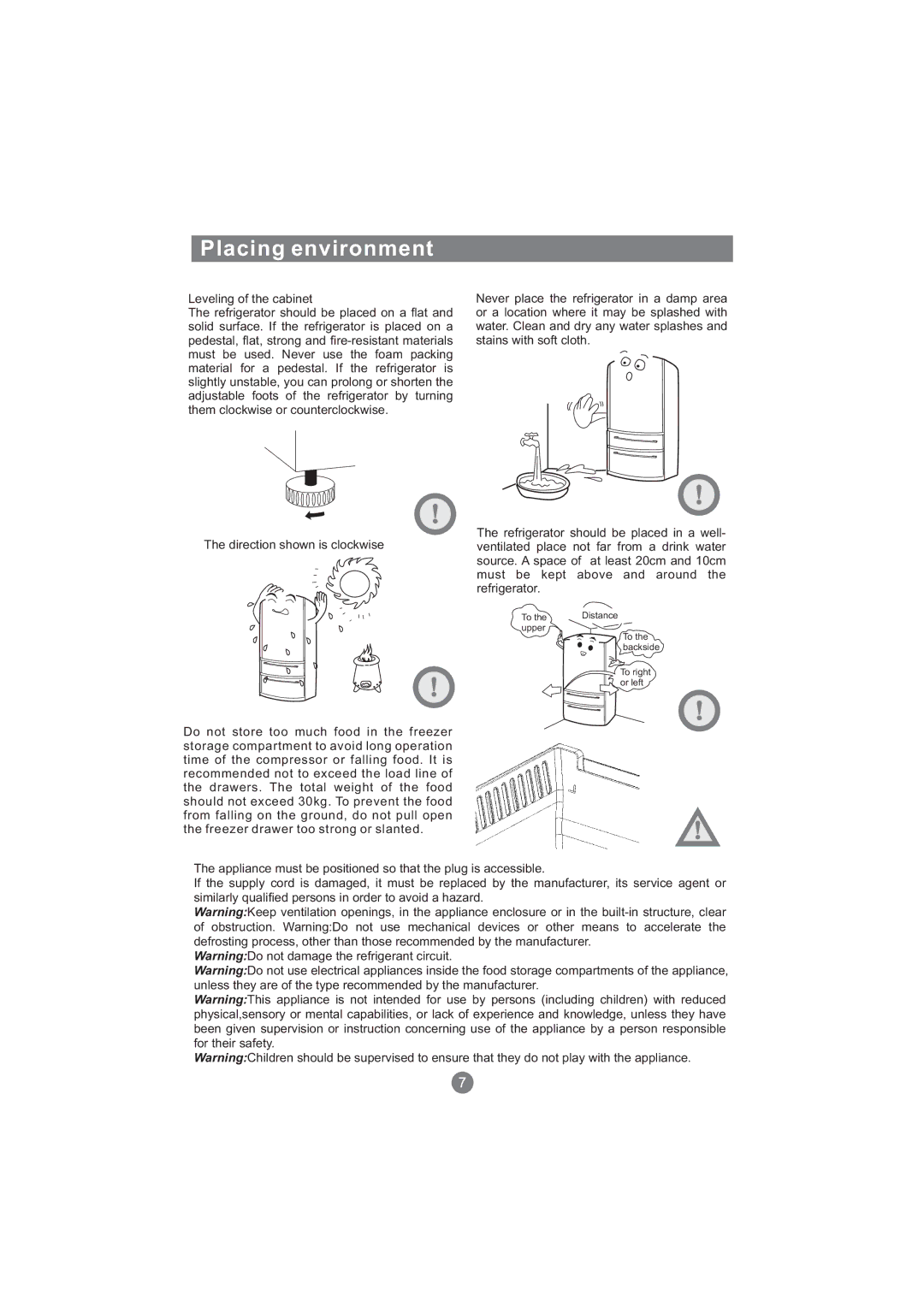 Haier AFD630IB, AFT630IX, AFD631CB, AFD630IX, AFL631CB, AFD631CS, CFE533CW, AFL631CS, AFD631CX, AFD630IS manual Placing environment 