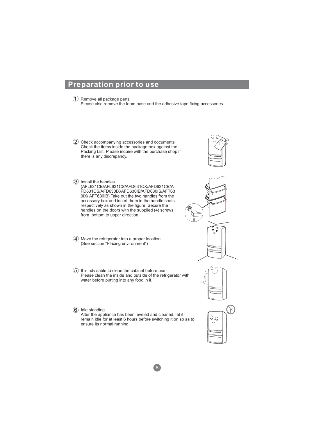 Haier AFT630IX, AFD631CB, AFD630IX, AFL631CB, AFD631CS, CFE533CW, AFL631CS, AFD631CX, AFD630IS, CFE533AW Preparation prior to use 