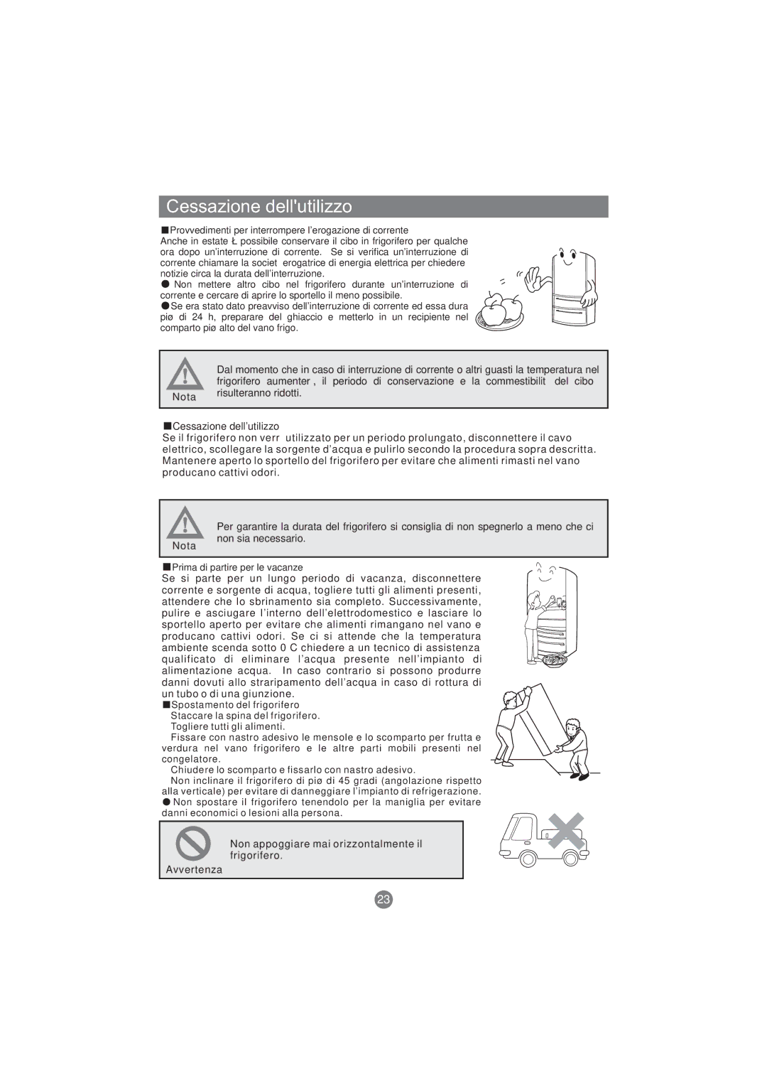 Haier AFT630IX, AFD631CB, AFD630IX Cessazione dellutilizzo, Non appoggiare mai orizzontalmente il frigorifero Avvertenza 