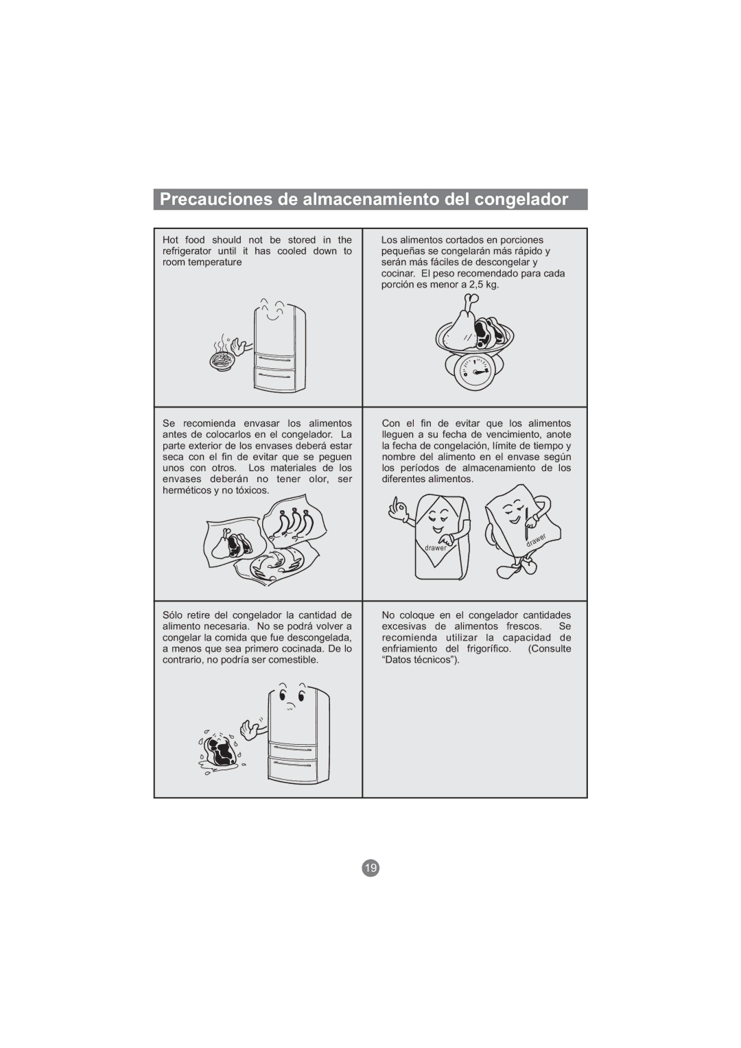 Haier AFD630IX, AFT630IX, AFD631CB, AFL631CB manual Precauciones de almacenamiento del congelador, Porción es menor a 2,5 kg 