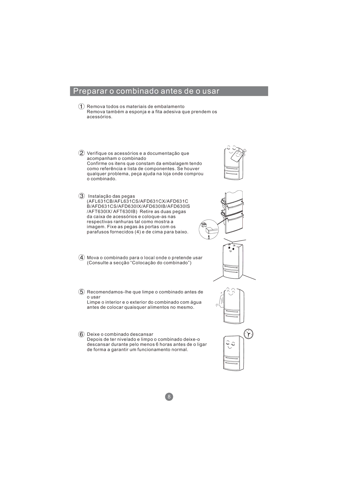 Haier AFL631CS, AFT630IX, AFD631CB, AFD630IX, AFL631CB, AFD631CS, CFE533CW, AFD631CX manual Preparar o combinado antes de o usar 