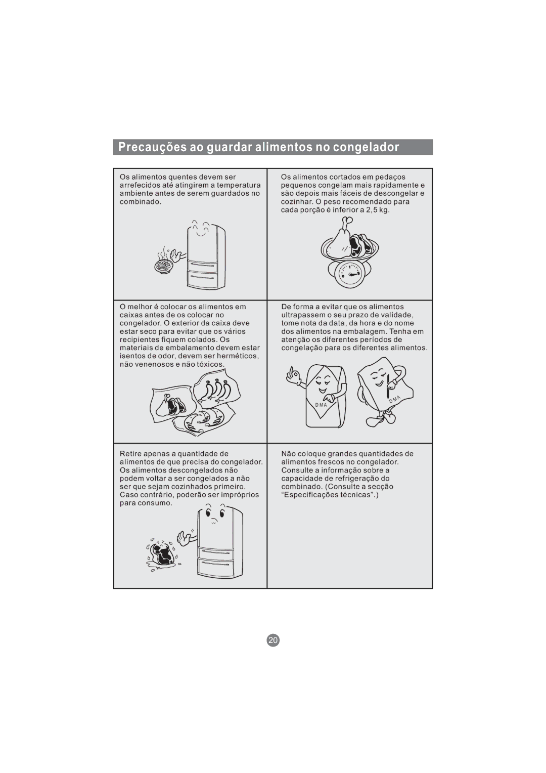 Haier AFD631CX, AFT630IX, AFD631CB, AFD630IX, AFL631CB, AFD631CS, CFE533CW manual Precauções ao guardar alimentos no congelador 