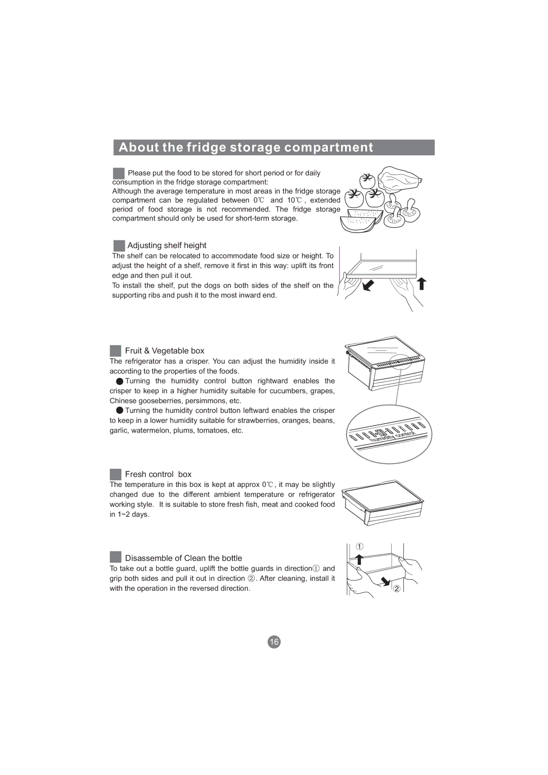 Haier AFD630IS About the fridge storage compartment, Adjusting shelf height, Fruit & Vegetable box, Fresh control box 