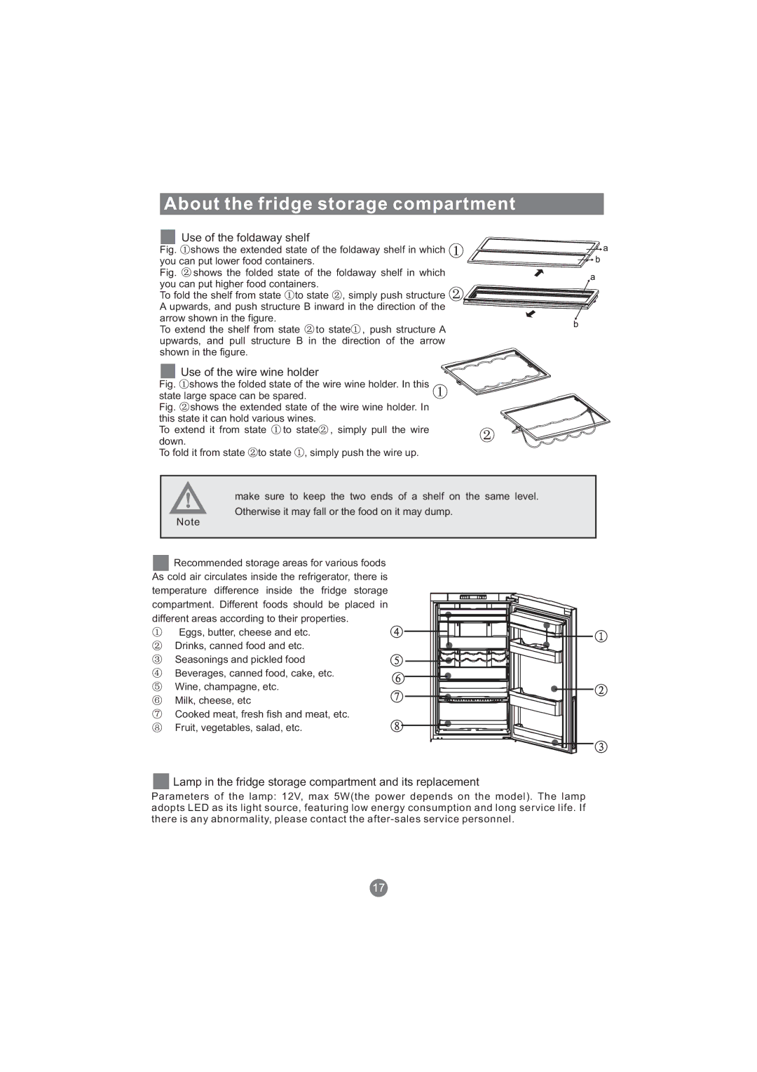 Haier CFE533AW, AFT630IX, AFD631CB, AFD630IX, AFL631CB, AFD631CS manual Use of the foldaway shelf, Use of the wire wine holder 