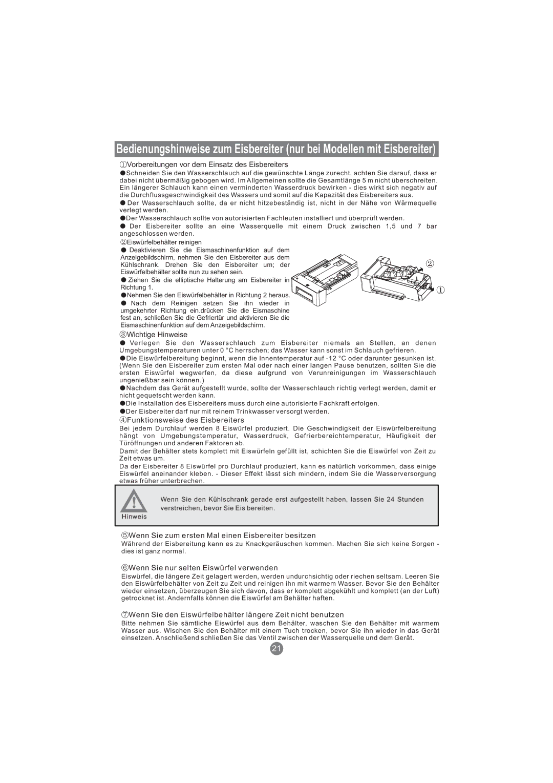 Haier AFD630IS manual Vorbereitungen vor dem Einsatz des Eisbereiters, Wichtige Hinweise, Funktionsweise des Eisbereiters 