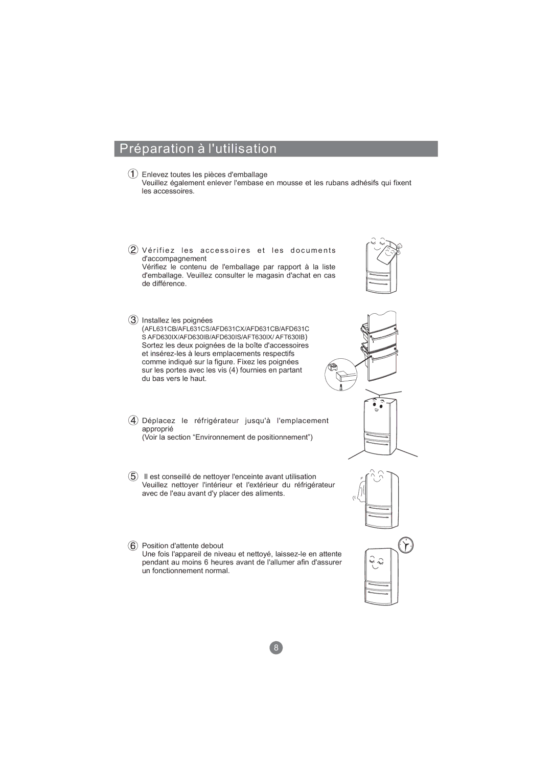 Haier AFD631CB, AFT630IX, AFD630IX, AFL631CB, AFD631CS, CFE533CW, AFL631CS, AFD631CX, AFD630IS manual Préparation à lutilisation 