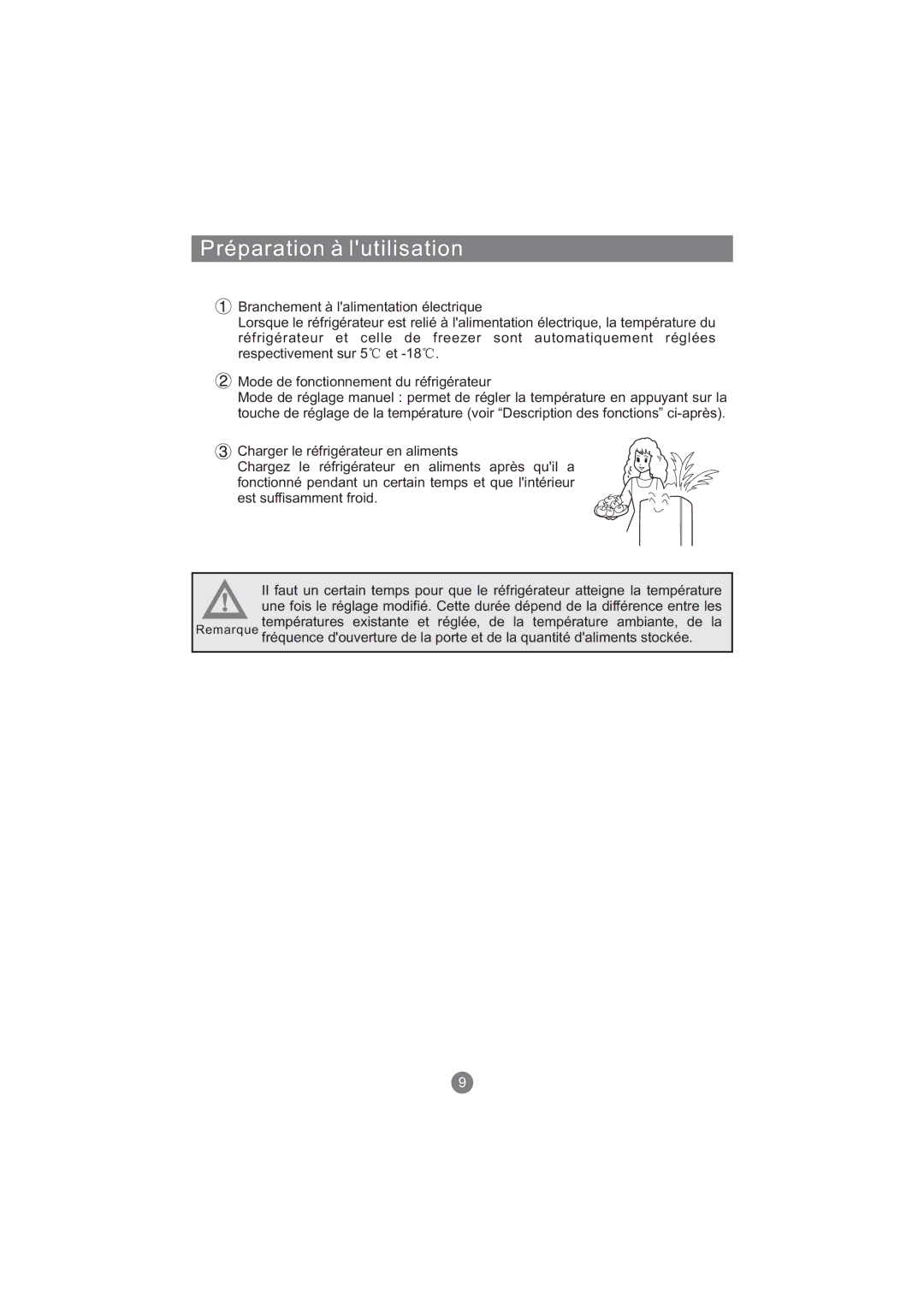 Haier AFD630IX, AFT630IX, AFD631CB, AFL631CB, AFD631CS, CFE533CW, AFL631CS, AFD631CX, AFD630IS manual Préparation à lutilisation 