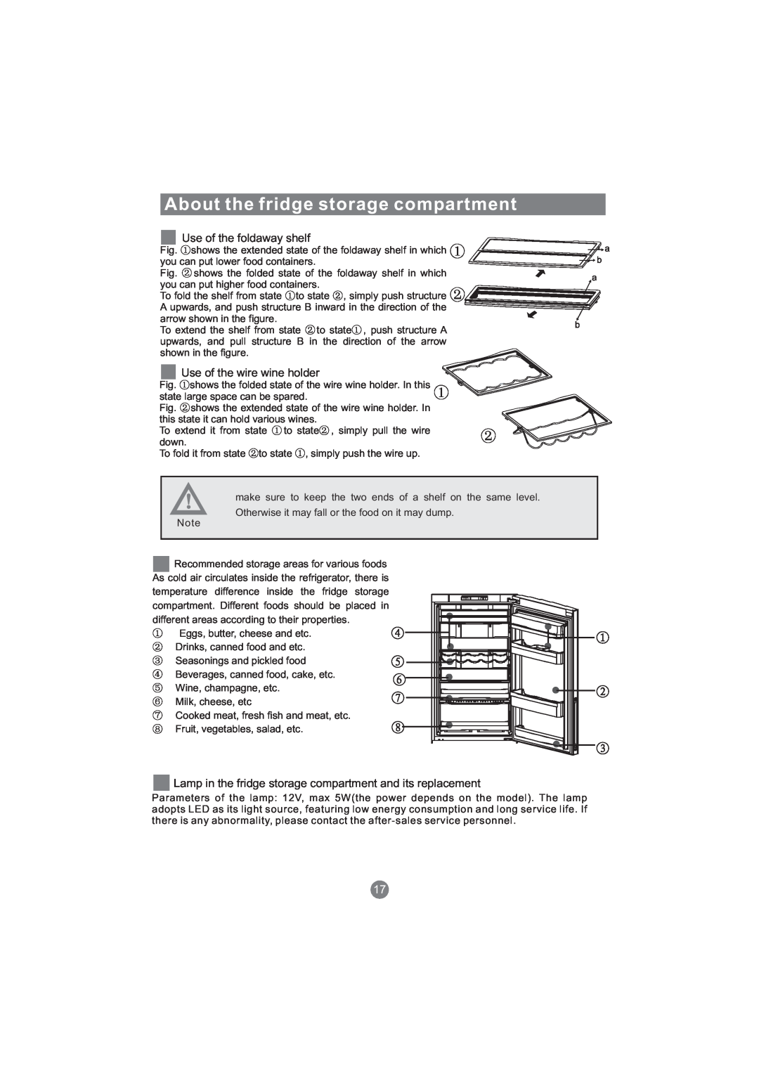 Haier CFE533AW, AFT630IX manual About the fridge storage compartment, Use of the foldaway shelf, Use of the wire wine holder 