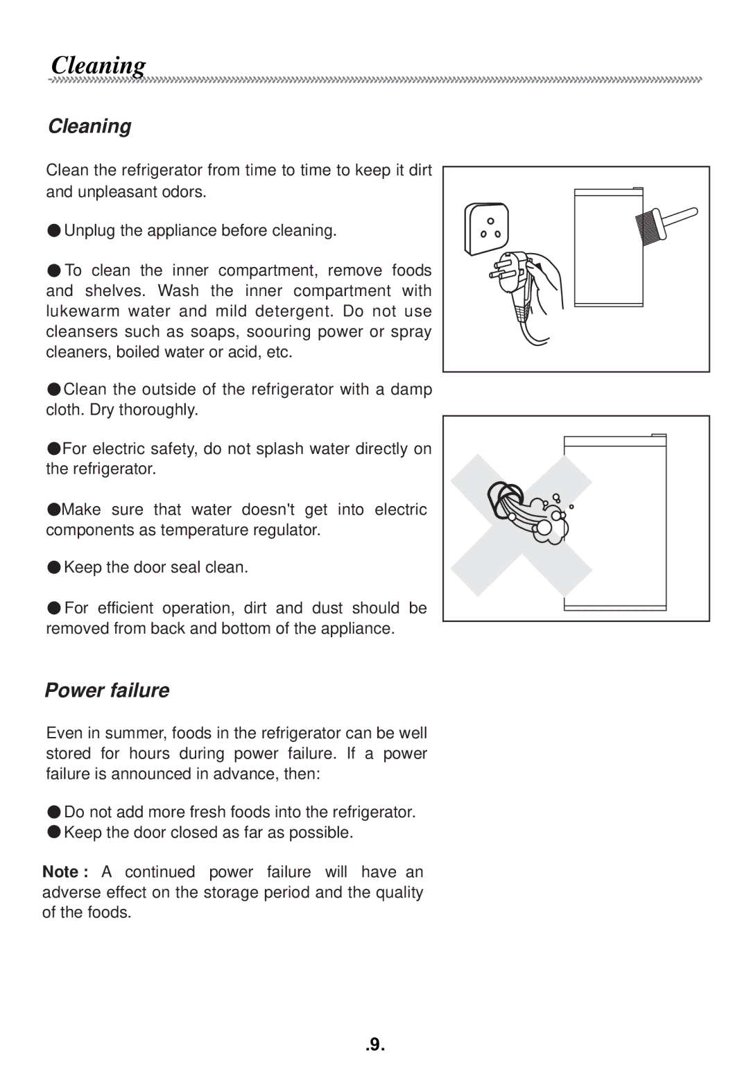 Haier AL92 manual Cleaning, Power failure 