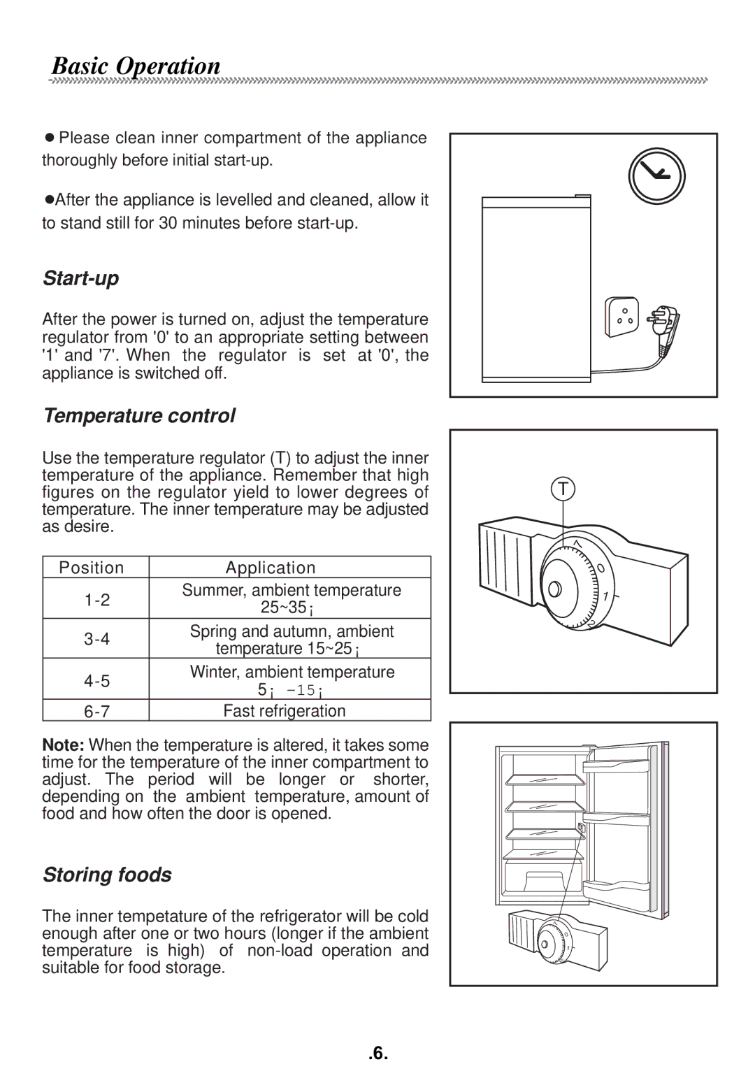 Haier AL92 manual Start-up, Temperature control, Storing foods 