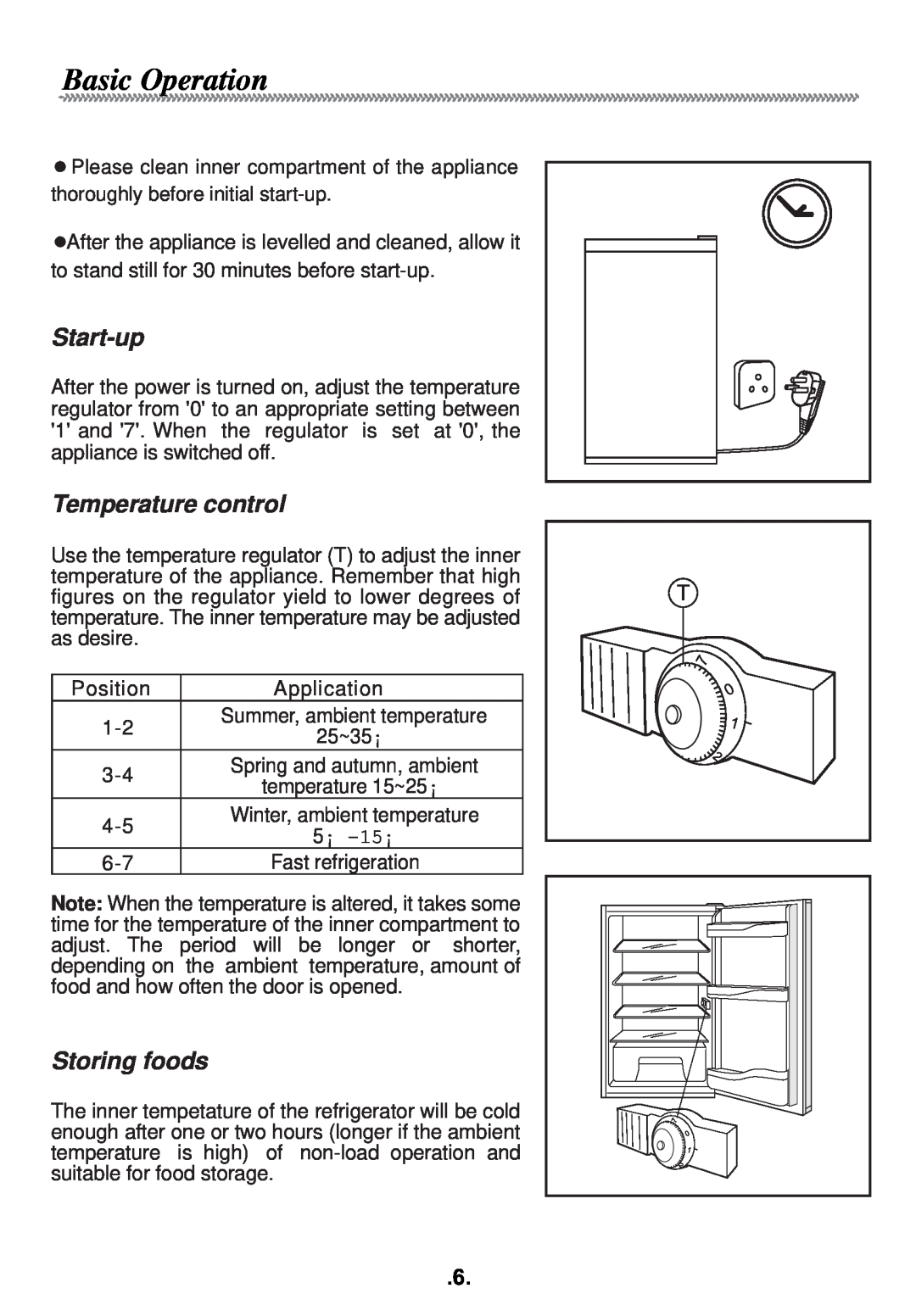 Haier AL92 manual Basic Operation, Start-up, Temperature control, Storing foods 